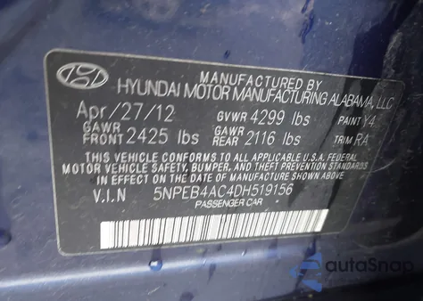 2013 Hyundai Sonata Gls z USA, uszkodzony, nr VIN 5NPEB4AC4DH519156